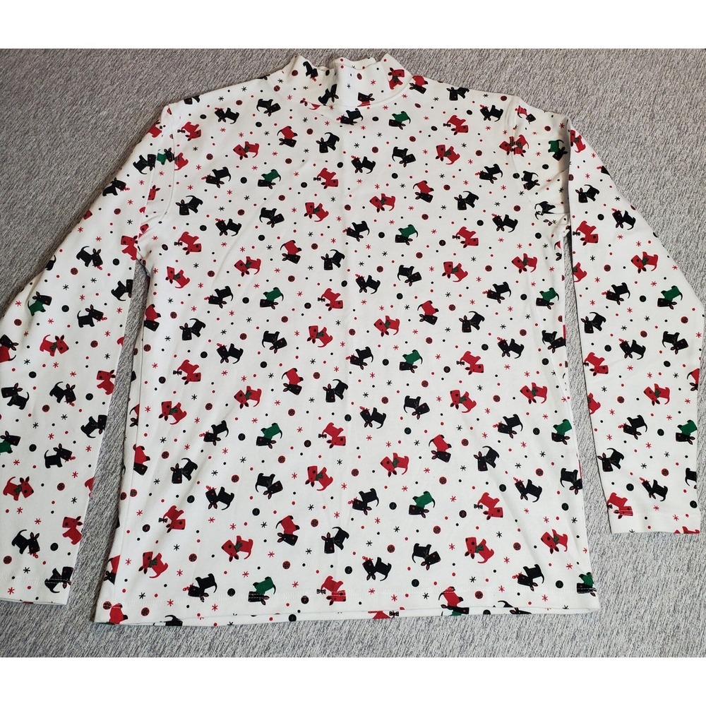 Great NW Womens Top M  White Long Sleeve Mock Neck Scottish Terrier Stretch
